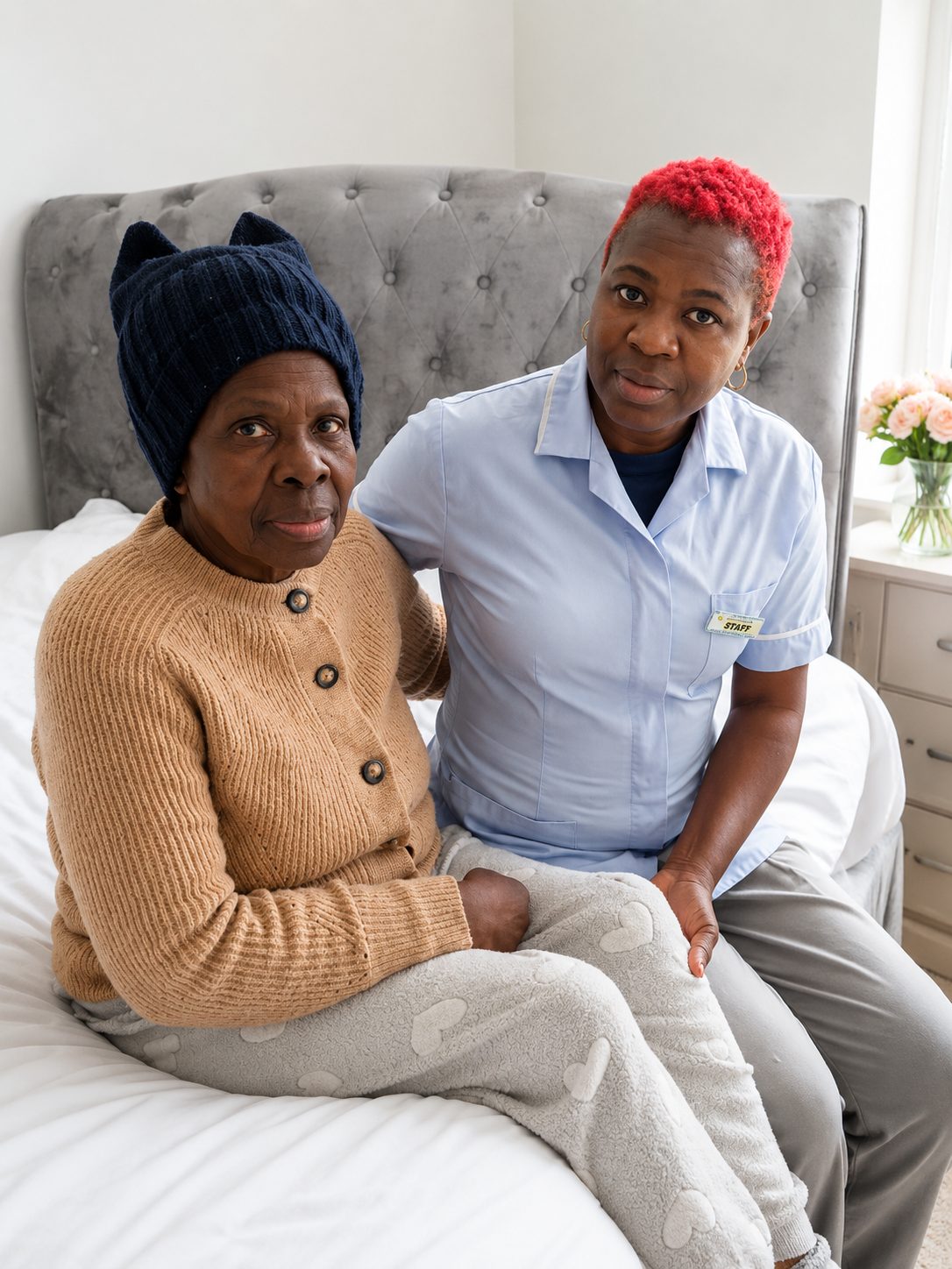 An Angeliquecare carer sitting and chatting with an elderly woman at home