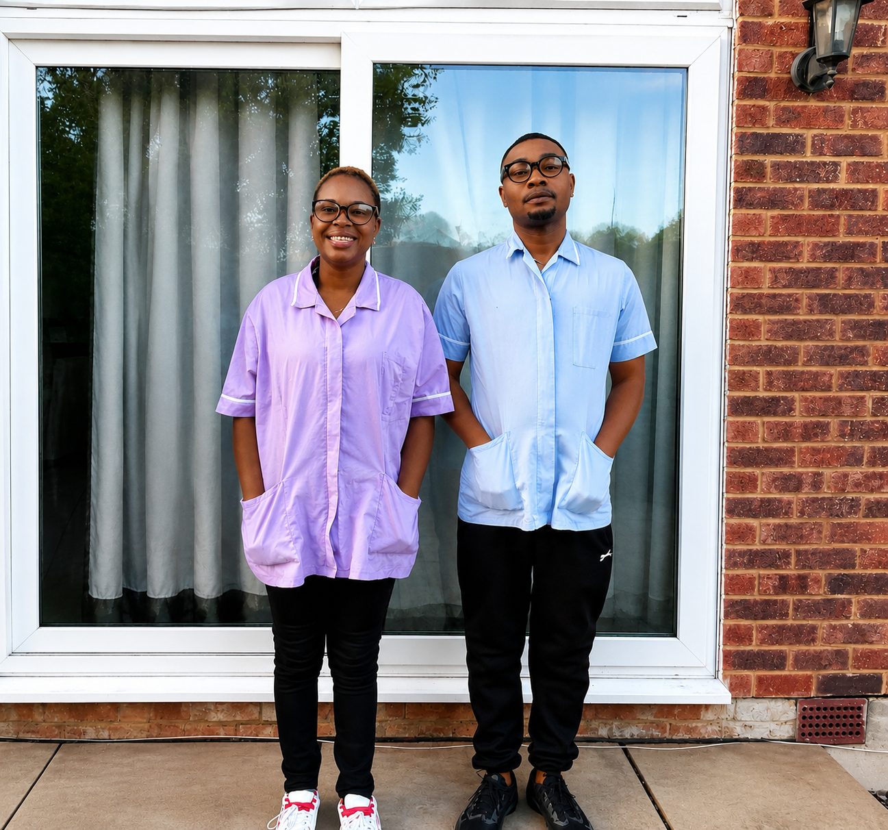 Two Angeliquecare carers in uniform standing together outside a West London home