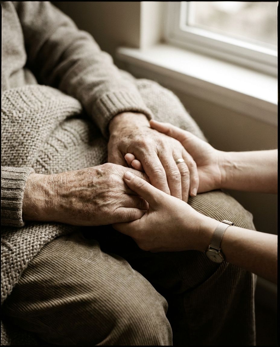 A carer gently holding an elderly person's hands
