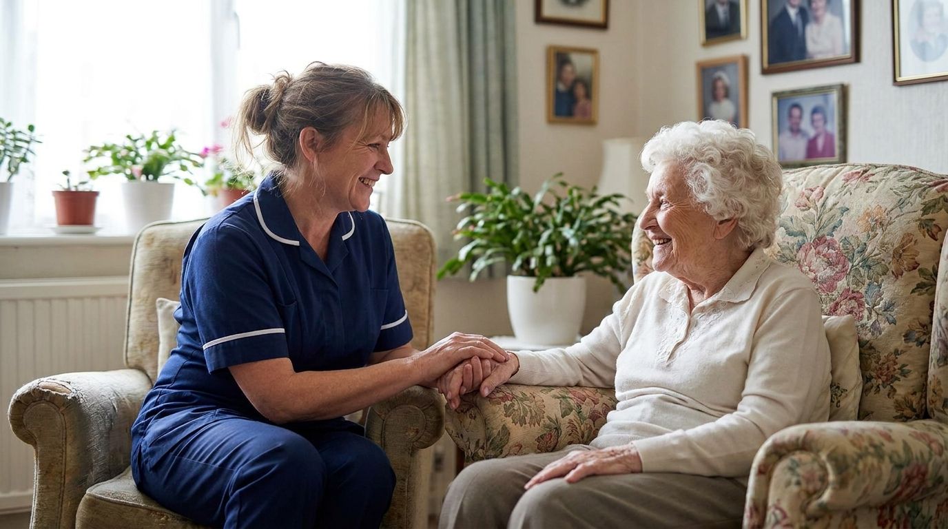 A carer and an elderly man enjoying a quiet moment together at home