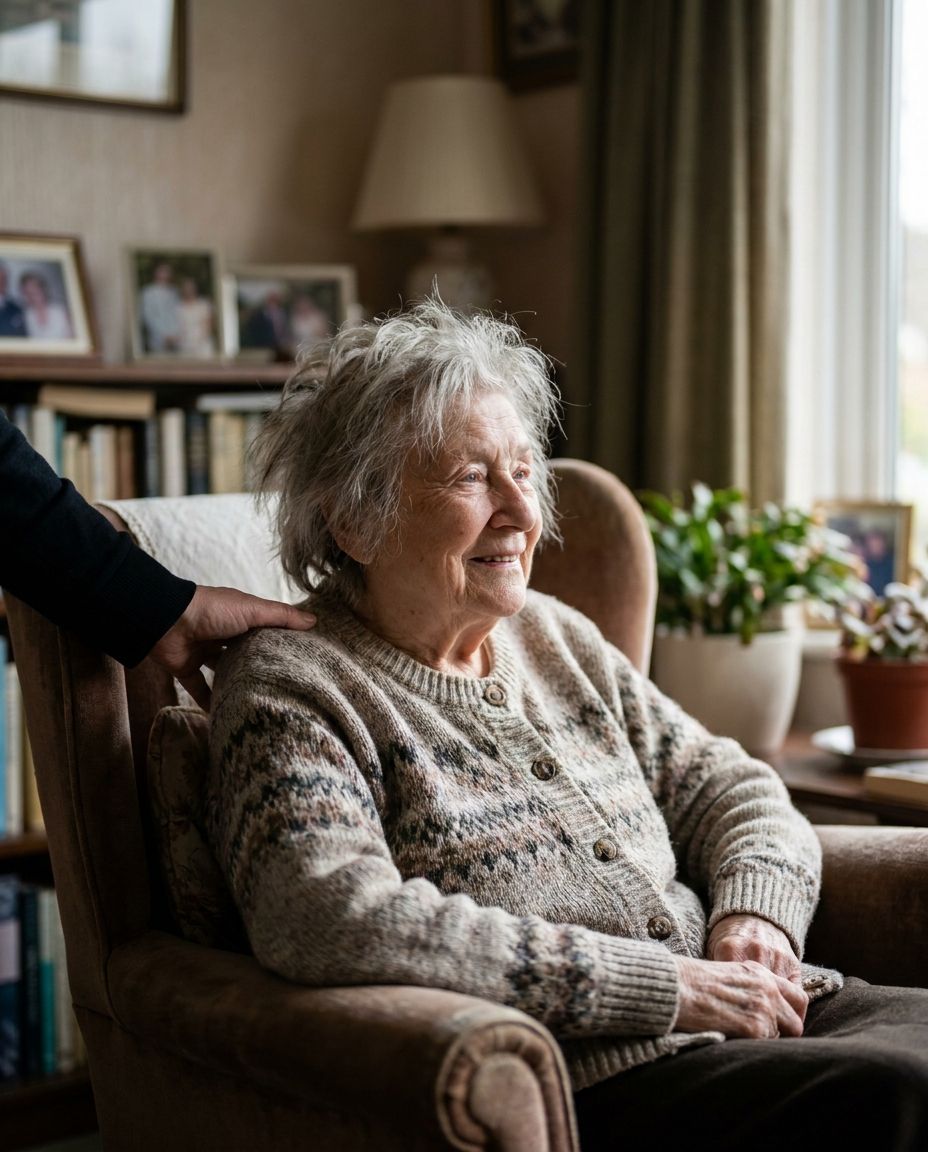 A smiling carer in uniform at a client's home